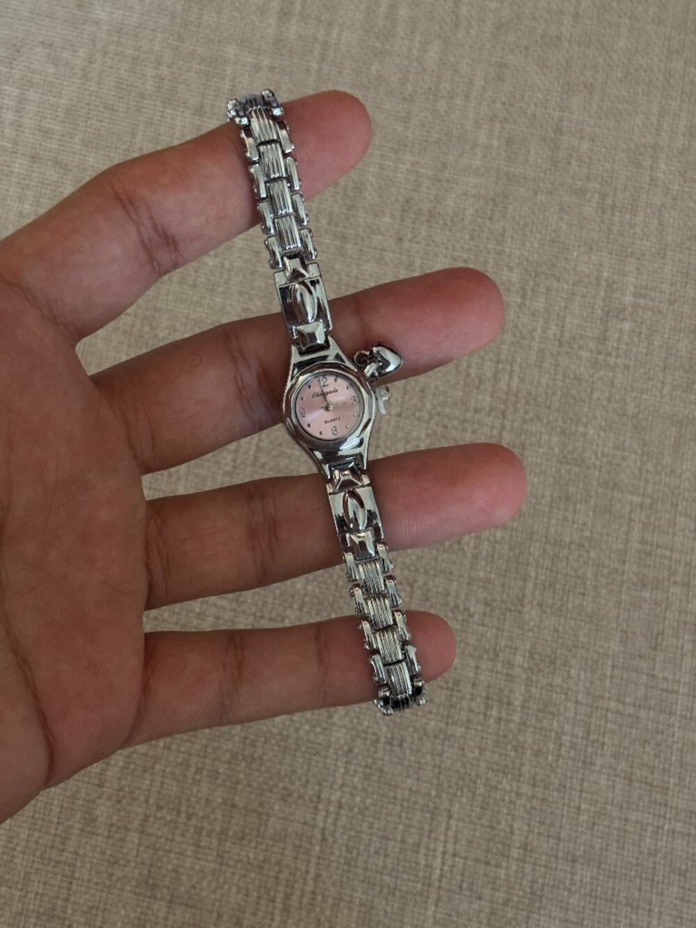 Silver Mini Watch Pink Dial Heart Charm